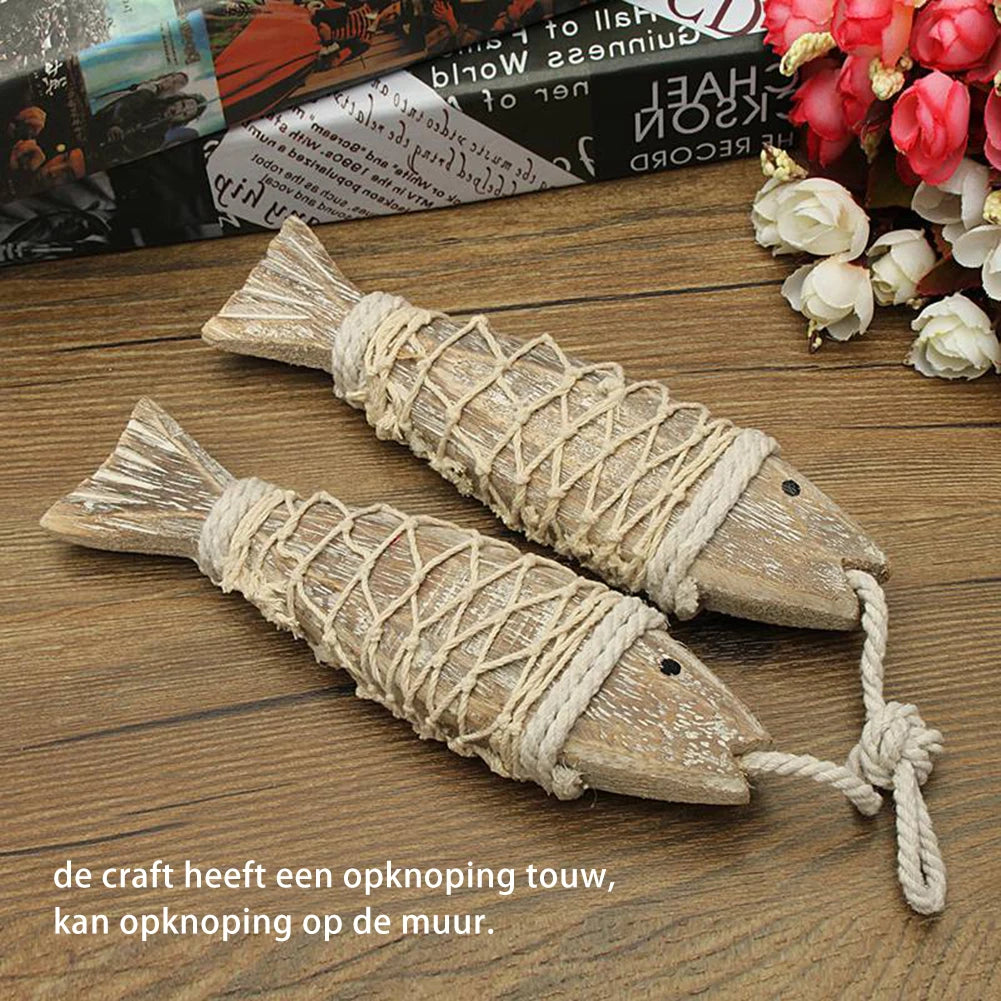 1 Pair Hand Carved Wooden Fish Hanging Marine Coastal  Wall Sculptures DIY Home Room Nautical Decor