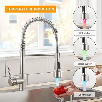 Stylish Brush Brass Kitchen Faucet | Single Lever Pull Down Spring Spout Mixer Tap