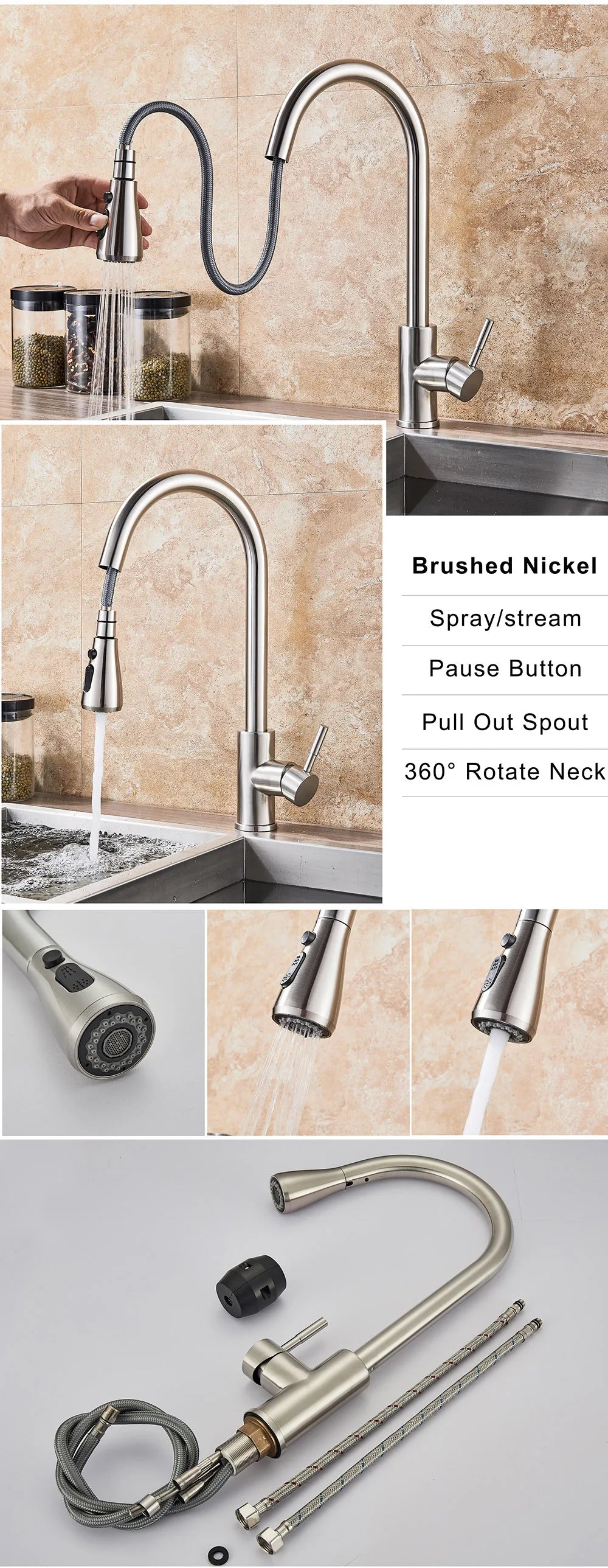 Brushed Nickel Kitchen Faucet Flexible Pull Out Nozzle Kitchen Sink Mixer Tap Stream Sprayer Head Deck Black Hot Cold Water Taps