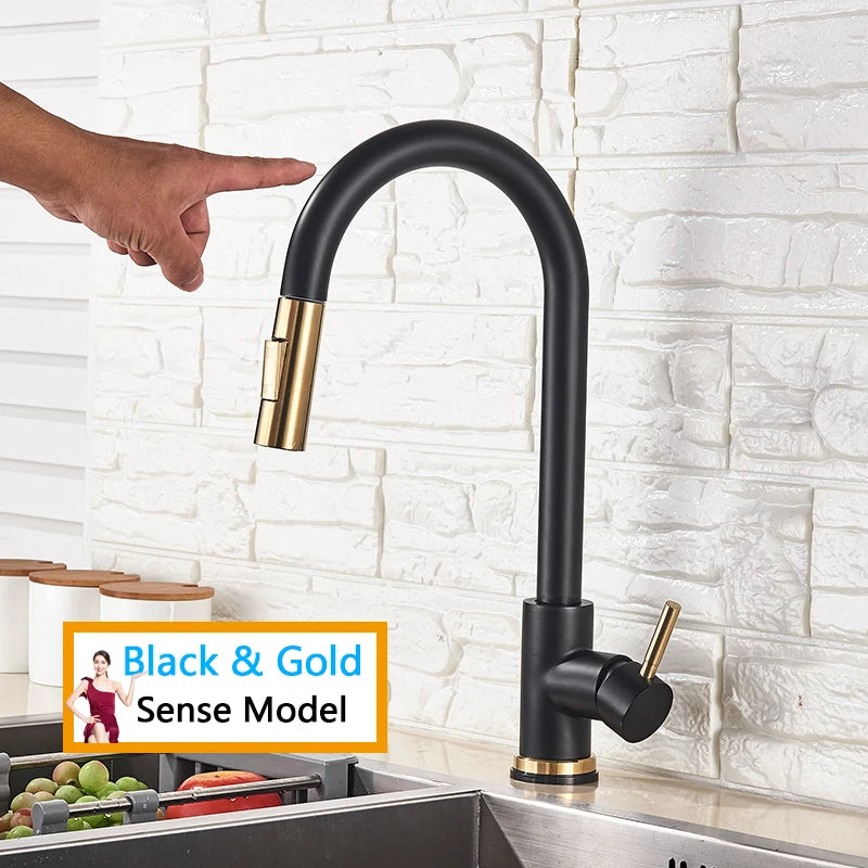 Rozin Smart Touch Kitchen Faucet - Black & Nickel Pull Out Sensor Faucet with 360° Rotation