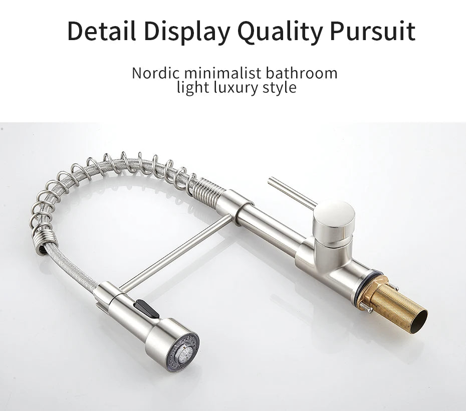 Stylish Brush Brass Kitchen Faucet | Single Lever Pull Down Spring Spout Mixer Tap