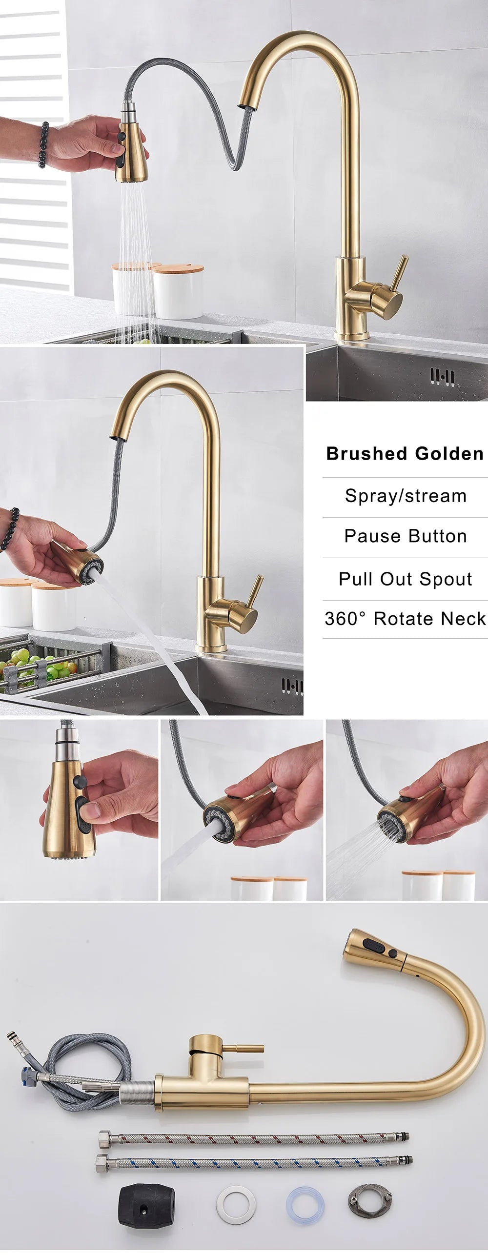 Brushed Nickel Kitchen Faucet Flexible Pull Out Nozzle Kitchen Sink Mixer Tap Stream Sprayer Head Deck Black Hot Cold Water Taps