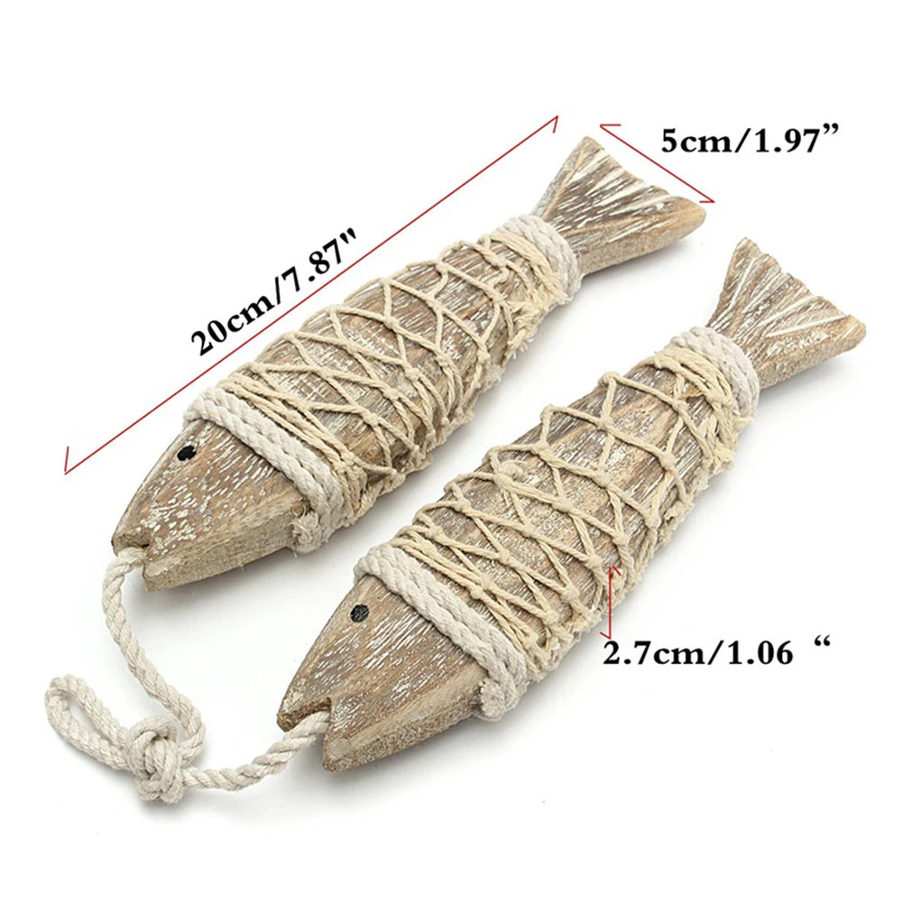 1 Pair Hand Carved Wooden Fish Hanging Marine Coastal  Wall Sculptures DIY Home Room Nautical Decor