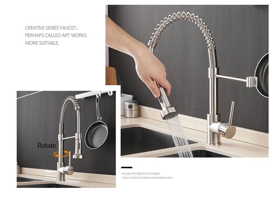 Stylish Brush Brass Kitchen Faucet | Single Lever Pull Down Spring Spout Mixer Tap