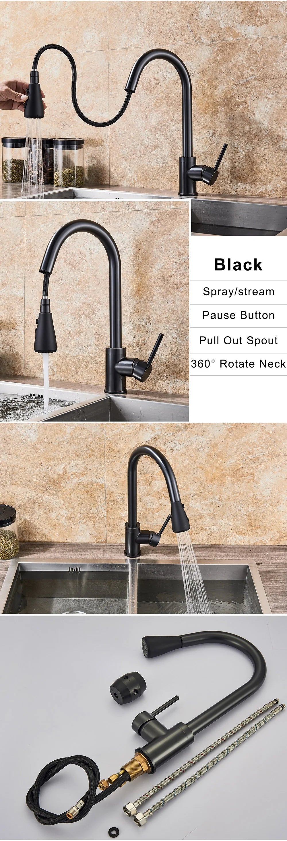 Brushed Nickel Kitchen Faucet Flexible Pull Out Nozzle Kitchen Sink Mixer Tap Stream Sprayer Head Deck Black Hot Cold Water Taps