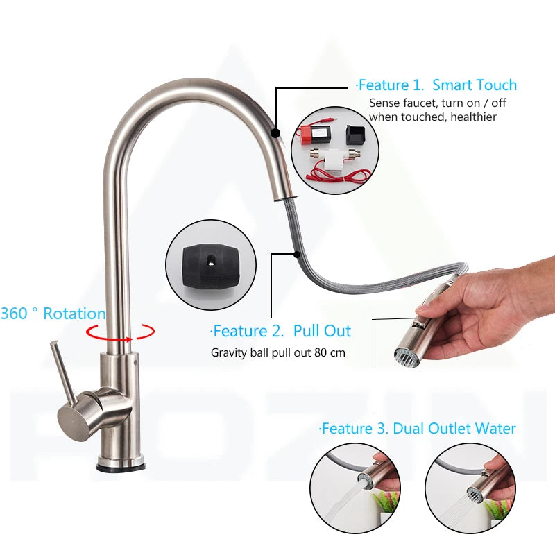 Rozin Smart Touch Kitchen Faucet - Black & Nickel Pull Out Sensor Faucet with 360° Rotation