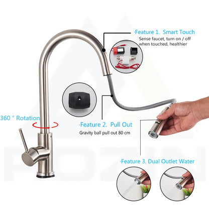 Rozin Smart Touch Kitchen Faucet - Black & Nickel Pull Out Sensor Faucet with 360° Rotation