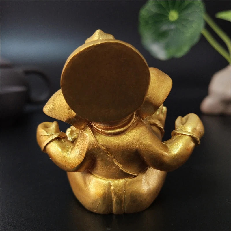 Gold Statue Elephant God Sculptures Ganesh Figurines Man-made Stone Home Garden