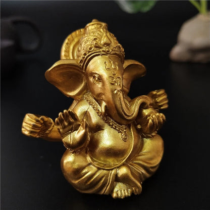 Gold Statue Elephant God Sculptures Ganesh Figurines Man-made Stone Home Garden