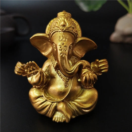 Gold Statue Elephant God Sculptures Ganesh Figurines Man-made Stone Home Garden