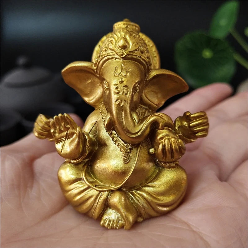 Gold Statue Elephant God Sculptures Ganesh Figurines Man-made Stone Home Garden