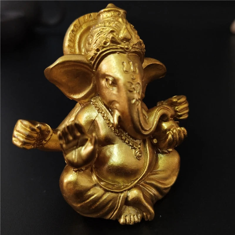 Gold Statue Elephant God Sculptures Ganesh Figurines Man-made Stone Home Garden