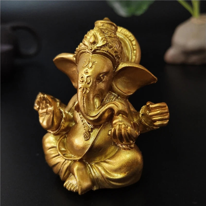 Gold Statue Elephant God Sculptures Ganesh Figurines Man-made Stone Home Garden