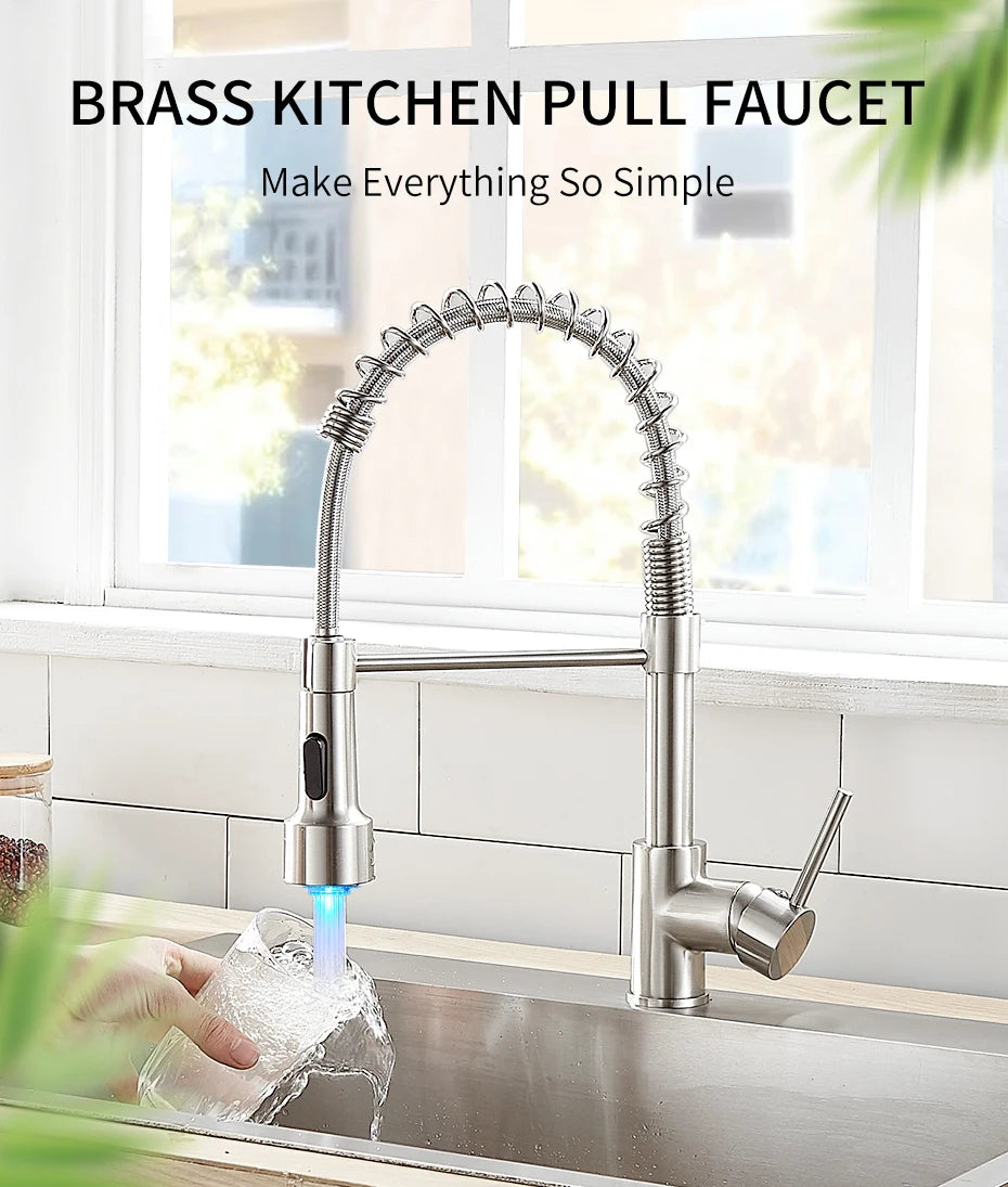 Stylish Brush Brass Kitchen Faucet | Single Lever Pull Down Spring Spout Mixer Tap