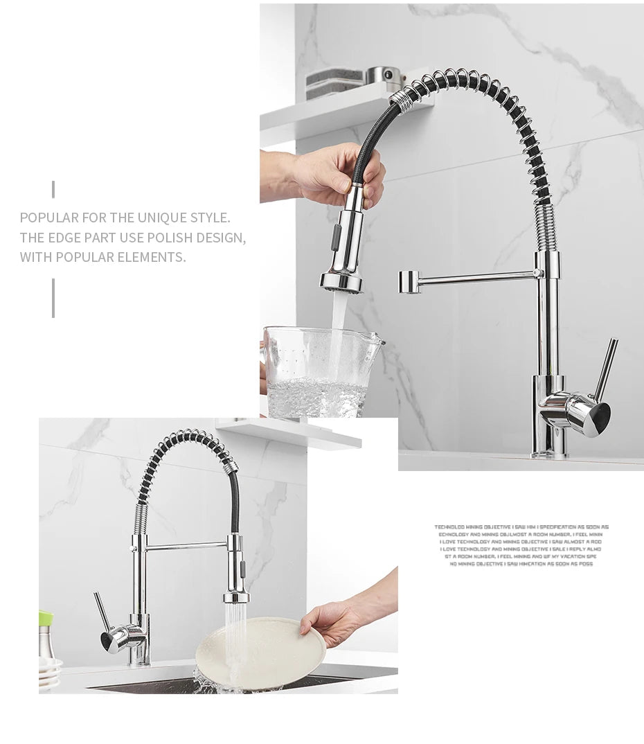 Stylish Brush Brass Kitchen Faucet | Single Lever Pull Down Spring Spout Mixer Tap