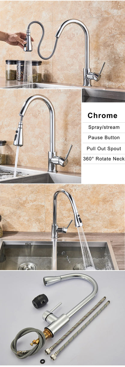 Brushed Nickel Kitchen Faucet Flexible Pull Out Nozzle Kitchen Sink Mixer Tap Stream Sprayer Head Deck Black Hot Cold Water Taps