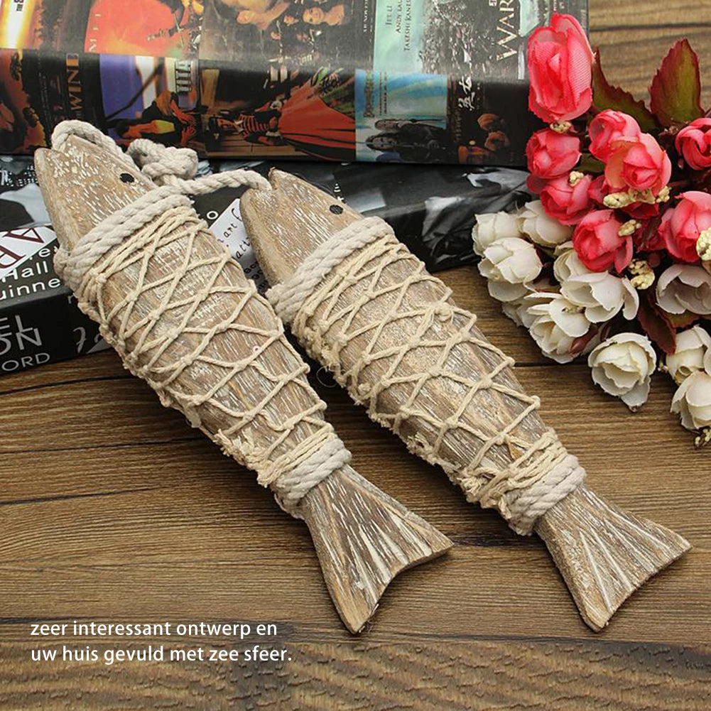 1 Pair Hand Carved Wooden Fish Hanging Marine Coastal  Wall Sculptures DIY Home Room Nautical Decor