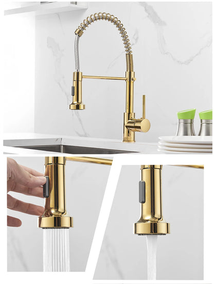 Stylish Brush Brass Kitchen Faucet | Single Lever Pull Down Spring Spout Mixer Tap