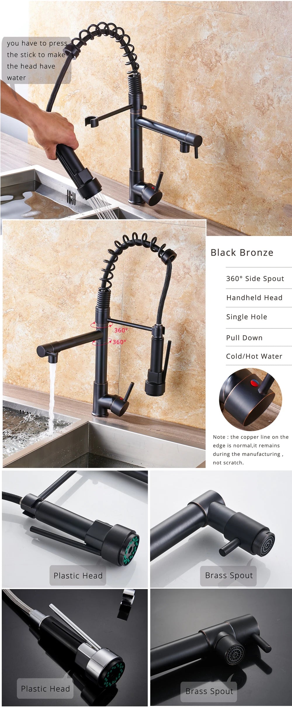 Rozin Black and Rose Golden Spring Pull Down Kitchen Sink Faucet  Hot & Cold Water Mixer Crane Tap with Dual Spout Deck Mounted