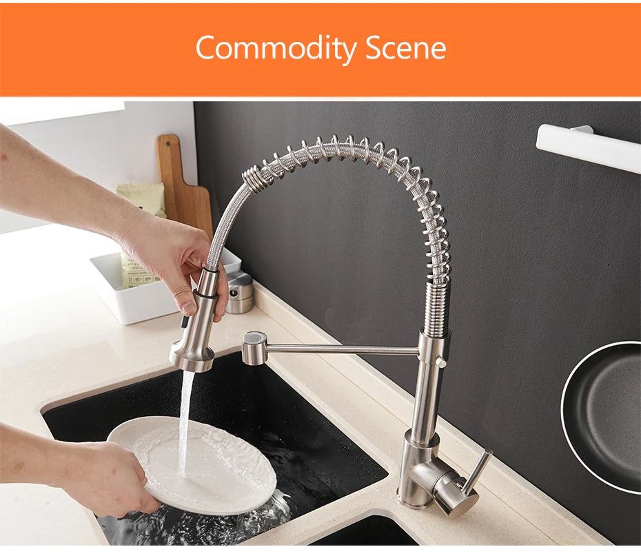 Stylish Brush Brass Kitchen Faucet | Single Lever Pull Down Spring Spout Mixer Tap