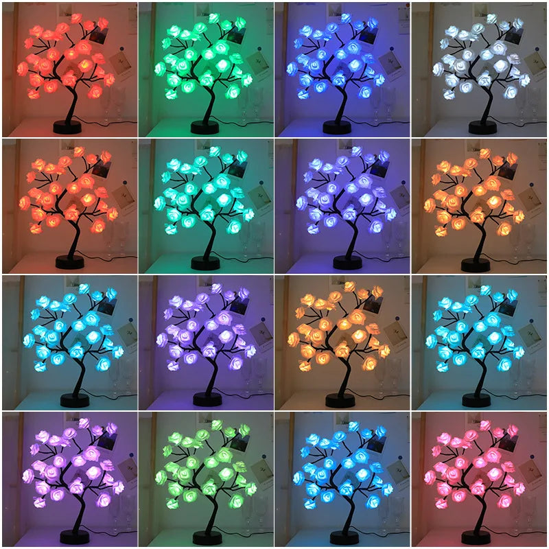 RGB Rose Flower Tree Lights 24LED USB Battery Table Lamp Fairy Night Light