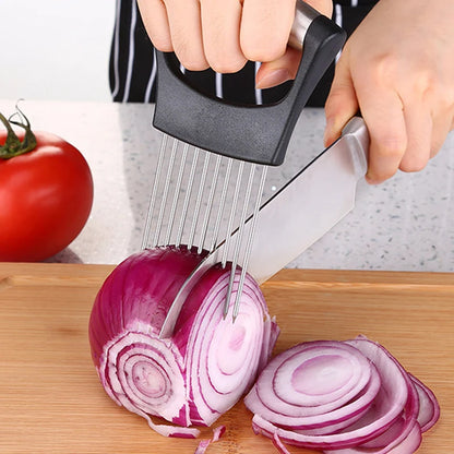 Stainless Steel Onion Cutter Holder Food Slicers Assistant Tomato Onion Slicer Holder Vegetables Cutting Fork Kitchen Gadgets