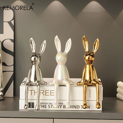 Ceramic Long-Eared Sitting Rabbit Statue for Luxury Home Decor