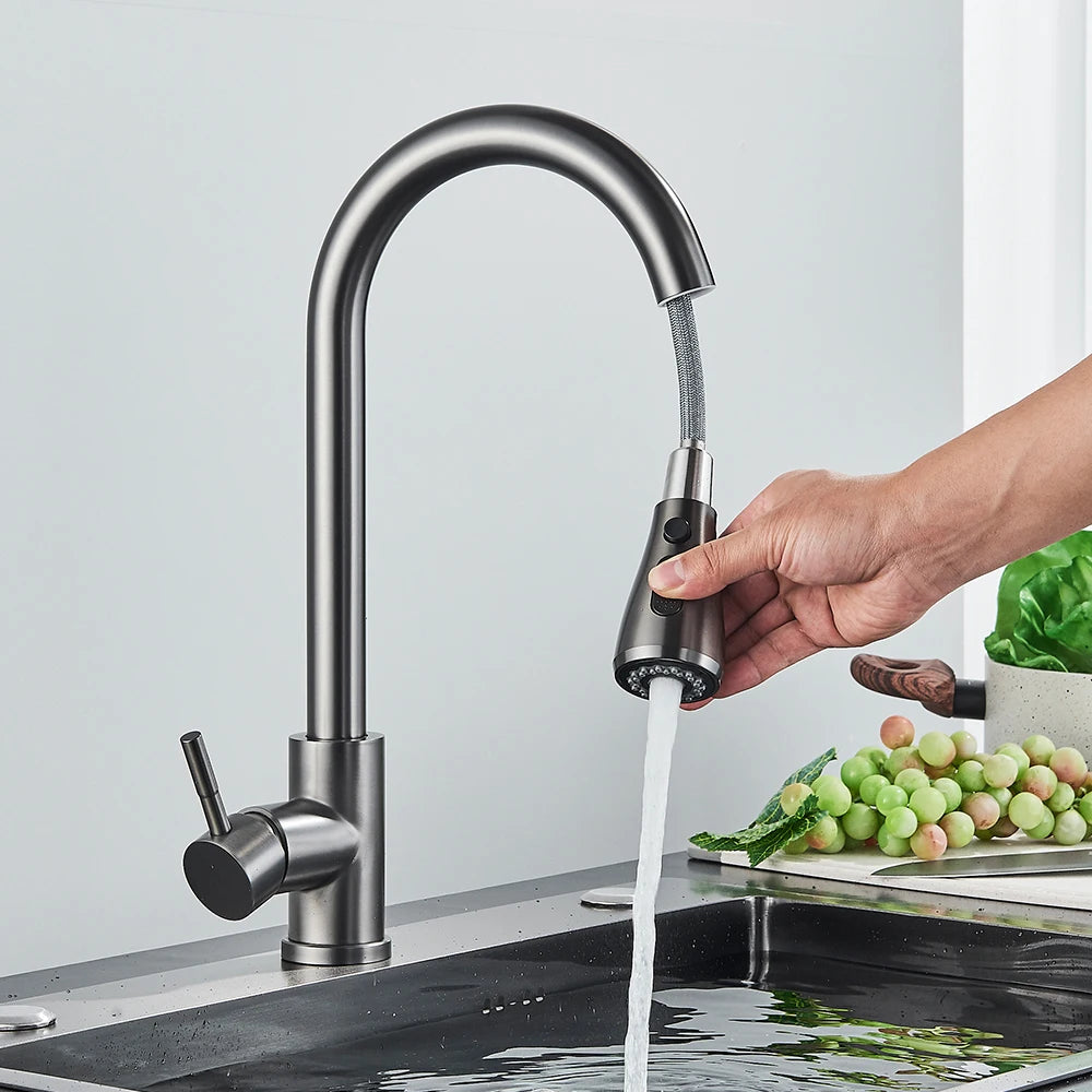 Brushed Nickel Kitchen Faucet Flexible Pull Out Nozzle Kitchen Sink Mixer Tap Stream Sprayer Head Deck Black Hot Cold Water Taps