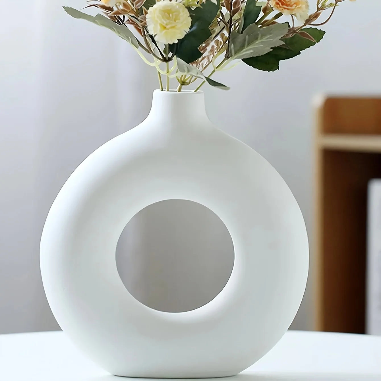 White/Beige Ceramic Circle Vase for Modern Home Decor