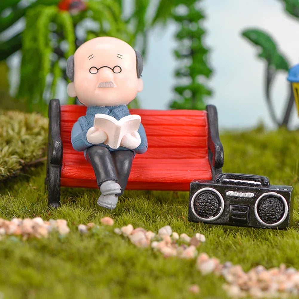 Mini Park Bench Grandpa Grandma Model Miniature Plastic Garden Statues Landscape Garden Decor Ornament Sculptures