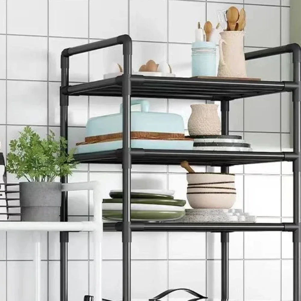Floor-Standing Microwave Storage Rack Multi Layer Shelf Kitchen With Pulley Trolley Punch-Free Easy To Assemble Kitchen Storage