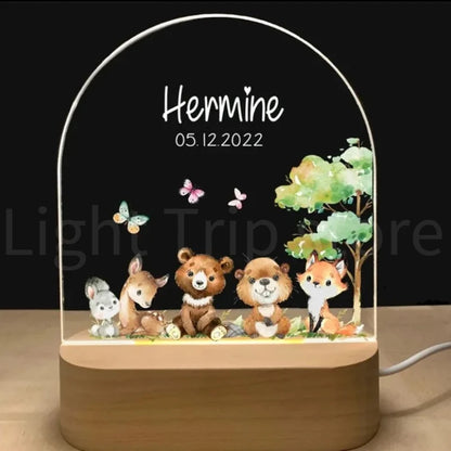 Personalized Baby Birth Night Light Custom Name Animal Elephant Lion with USB Wood Base Lamp for Bedroom Table Rainbow Decor