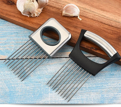 Stainless Steel Onion Slicer & Vegetable Cutter - Safe Kitchen Gadget for Meat, Tomatoes, Potatoes, Fruits