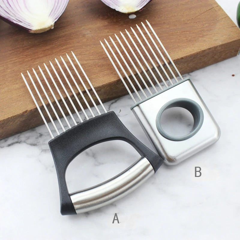 Stainless Steel Onion Slicer & Vegetable Cutter - Safe Kitchen Gadget for Meat, Tomatoes, Potatoes, Fruits