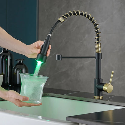 Stylish Brush Brass Kitchen Faucet | Single Lever Pull Down Spring Spout Mixer Tap