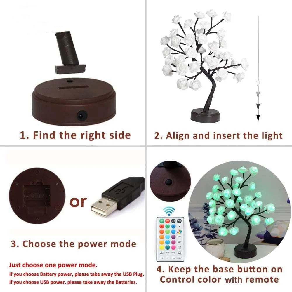 RGB Rose Flower Tree Lights 24LED USB Battery Table Lamp Fairy Night Light