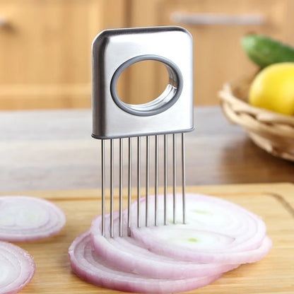 Stainless Steel Onion Slicer & Vegetable Cutter - Safe Kitchen Gadget for Meat, Tomatoes, Potatoes, Fruits