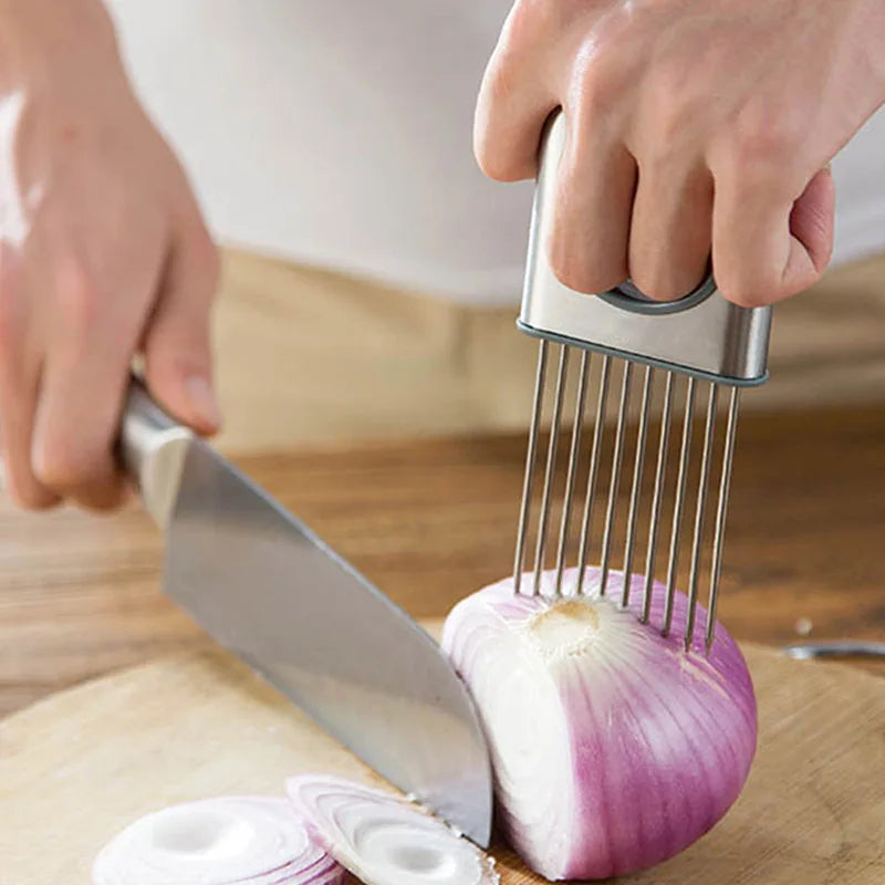 Stainless Steel Onion Slicer & Vegetable Cutter - Safe Kitchen Gadget for Meat, Tomatoes, Potatoes, Fruits