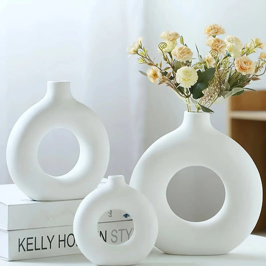 White/Beige Ceramic Circle Vase for Modern Home Decor