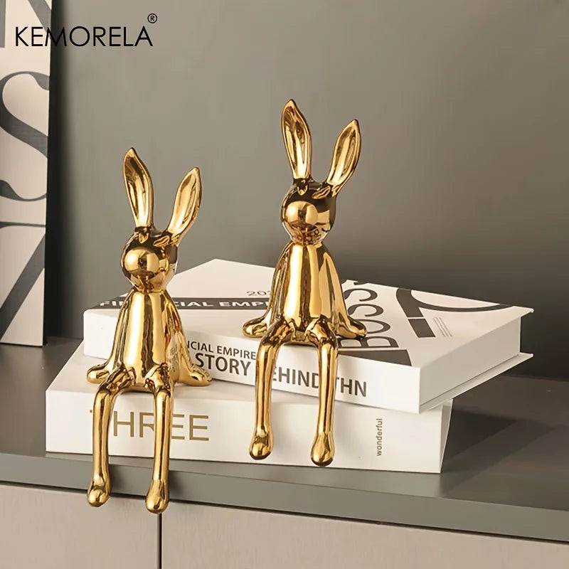 Ceramic Long-Eared Sitting Rabbit Statue for Luxury Home Decor