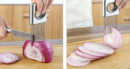 Stainless Steel Onion Slicer & Vegetable Cutter - Safe Kitchen Gadget for Meat, Tomatoes, Potatoes, Fruits