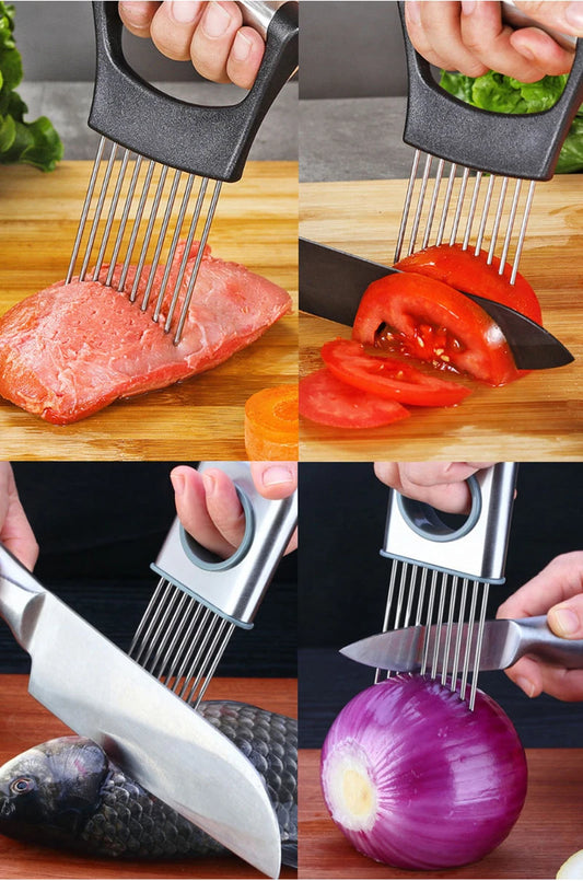 Stainless Steel Onion Slicer & Vegetable Cutter - Safe Kitchen Gadget for Meat, Tomatoes, Potatoes, Fruits