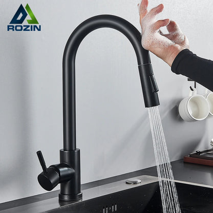 Rozin Smart Touch Kitchen Faucet - Black & Nickel Pull Out Sensor Faucet with 360° Rotation