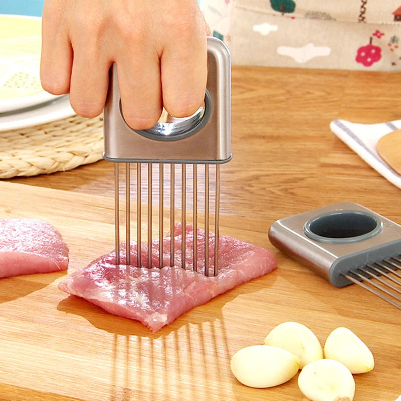 Stainless Steel Onion Slicer & Vegetable Cutter - Safe Kitchen Gadget for Meat, Tomatoes, Potatoes, Fruits