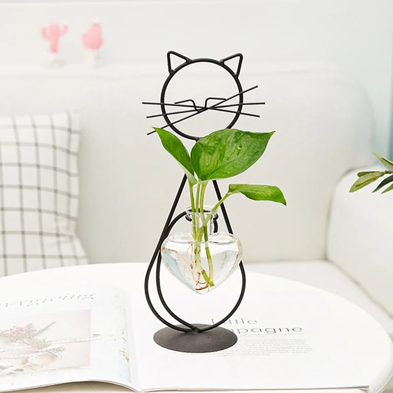 Hydroponic Glass Heart Vase With Metal Holder Hand Welded Lovely Cat Shape Vase for Home Party Wedding Valentine Day Decor Vase