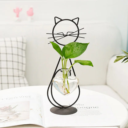 Hydroponic Glass Heart Vase With Metal Holder Hand Welded Lovely Cat Shape Vase for Home Party Wedding Valentine Day Decor Vase