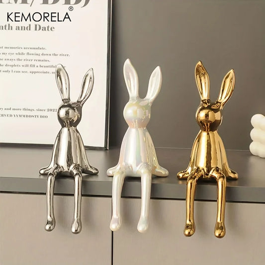 Ceramic Long-Eared Sitting Rabbit Statue for Luxury Home Decor