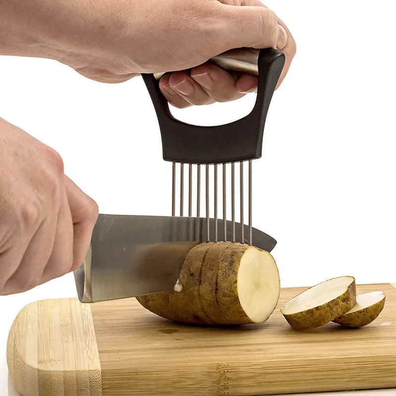 Stainless Steel Onion Slicer & Vegetable Cutter - Safe Kitchen Gadget for Meat, Tomatoes, Potatoes, Fruits