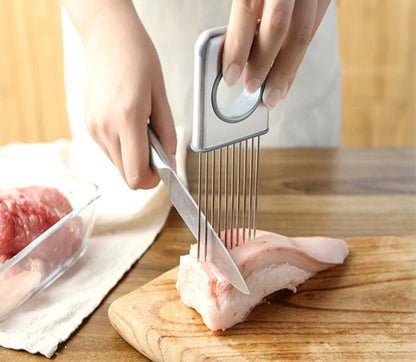 Stainless Steel Onion Slicer & Vegetable Cutter - Safe Kitchen Gadget for Meat, Tomatoes, Potatoes, Fruits