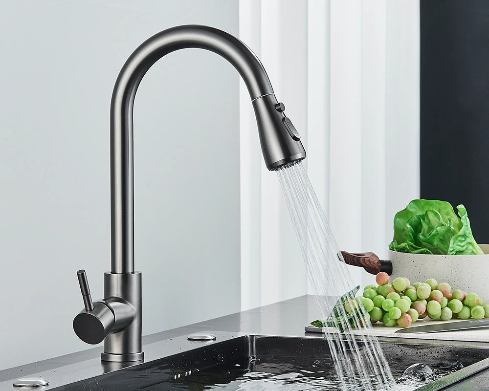 Brushed Nickel Kitchen Faucet Flexible Pull Out Nozzle Kitchen Sink Mixer Tap Stream Sprayer Head Deck Black Hot Cold Water Taps